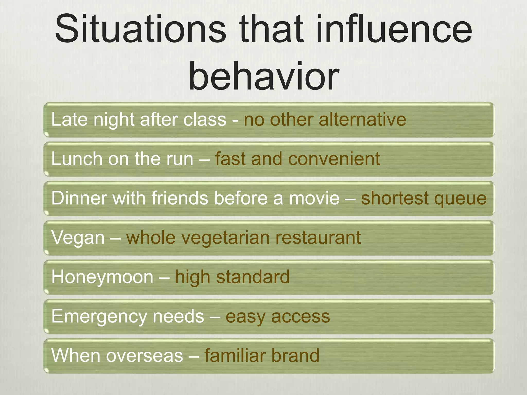 Situations that influence 
behavior 
Late night after class - no other alternative 
Lunch on the run – fast and convenient 
Dinner with friends before a movie – shortest queue 
Vegan – whole vegetarian restaurant 
Honeymoon – high standard 
Emergency needs – easy access 
When overseas – familiar brand 
 