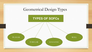 Geometrical Design-Types
TYPES OF SOFCs
TUBULAR
PLANAR
MONOLITHIC
ROLL
 