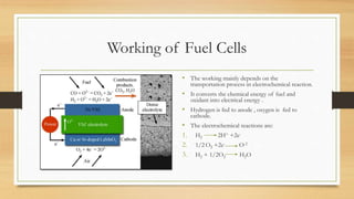 Working of Fuel Cells
• The working mainly depends on the
transportation process in electrochemical reaction.
• It converts the chemical energy of fuel and
oxidant into electrical energy .
• Hydrogen is fed to anode , oxygen is fed to
cathode.
• The electrochemical reactions are:
1. H2 2H+ +2e-
2. 1/2 O2 +2e- O-2
3. H2 + 1/2O2 H2O
 