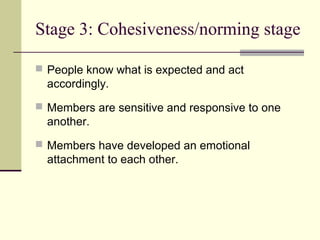 Stage 3: Cohesiveness/norming stage
 People know what is expected and act
accordingly.
 Members are sensitive and responsive to one
another.
 Members have developed an emotional
attachment to each other.
 