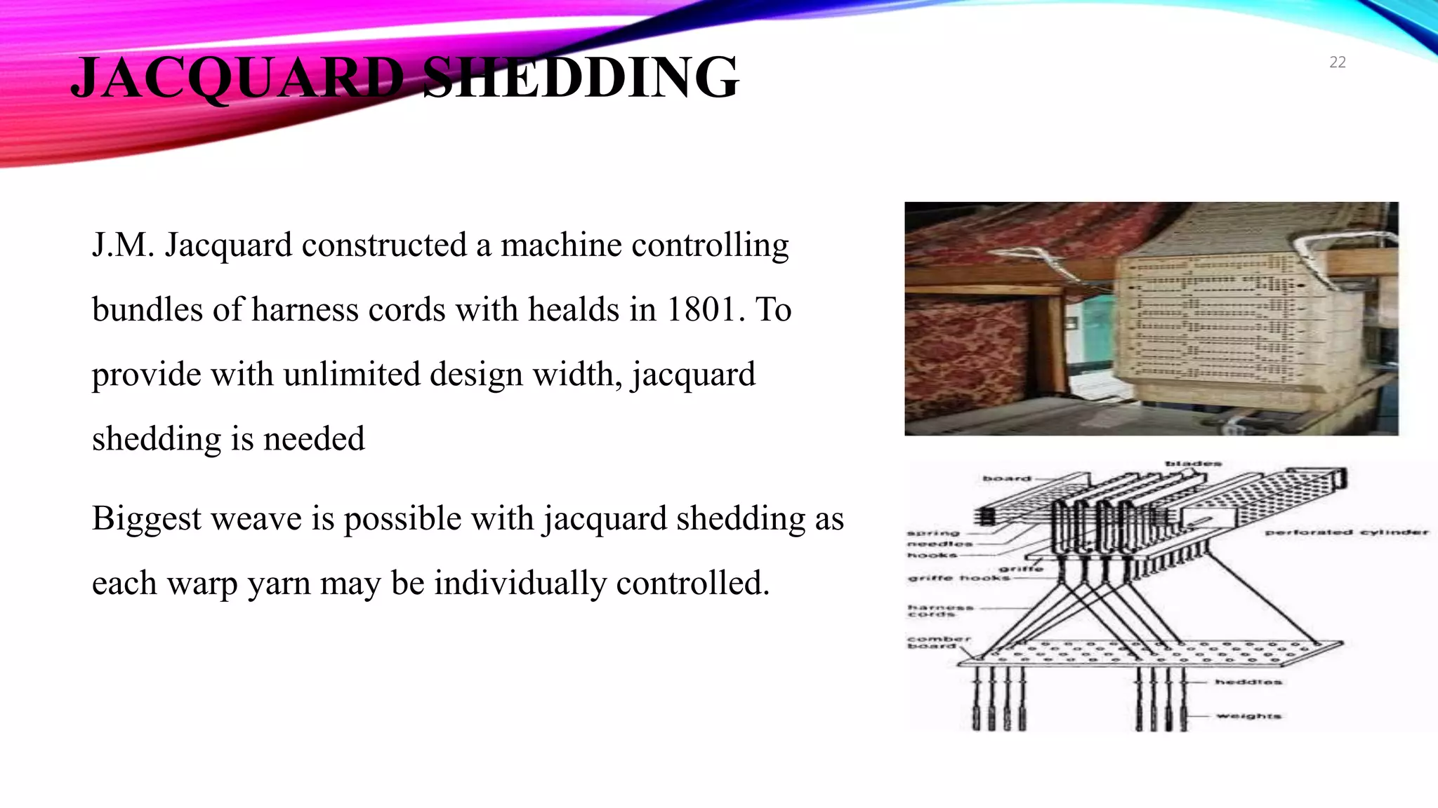 JACQUARD SHEDDING
J.M. Jacquard constructed a machine controlling
bundles of harness cords with healds in 1801. To
provide with unlimited design width, jacquard
shedding is needed
Biggest weave is possible with jacquard shedding as
each warp yarn may be individually controlled.
22
 