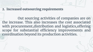 2. Increased outsourcing requirements
Out sourcing activities of companies are on
the increase. This also increases the cost associated
with procurement,distribution and logistics,offering
scope for substantial efficiency improvements and
coordination beyond its production activities.
33
 