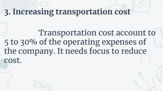 3. Increasing transportation cost
Transportation cost account to
5 to 30% of the operating expenses of
the company. It needs focus to reduce
cost.
34
 
