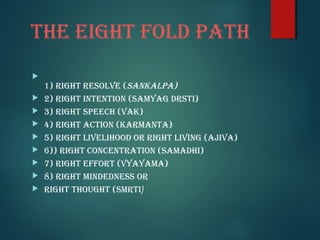 The eiGhT fold paTh

1) riGhT resolve (sankalpa)
 2) riGhT inTenTion (saMyaG drsTi)
 3) riGhT speech (vak)
 4) riGhT acTion (karManTa)
 5) riGhT livelihood or riGhT livinG (ajiva)
 6)) riGhT concenTraTion (saMadhi)
 7) riGhT efforT (vyayaMa)
 8) riGhT Mindedness or
 riGhT ThouGhT (sMrTi)
 
