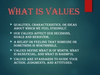 wHat IS valUES
QUalItIES, CHaraCtErIStICS, or IdEaS
aBoUt wHICH wE FEEl StronGly.
oUr valUES aFFECt oUr dECISIonS,
GoalS and BEHavIor.
a BElIEF or FEElInG tHat SomEonE or
SomEtHInG IS wortHwHIlE.
valUES dEFInE wHat IS oF wortH, wHat
IS BEnEFICIal, and wHat IS HarmFUl
valUES arE StandardS to GUIdE yoUr
aCtIon, jUdGmEntS, and attItUdES.