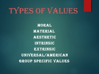 Types of values
Moral
MaTerial
aesTheTic
inTrinsic
exTrinsic
universal/aMerican
Group specific values