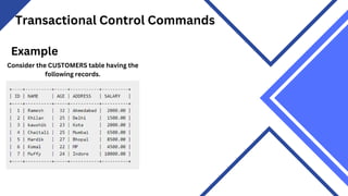 Transactional Control Commands
Example
Consider the CUSTOMERS table having the
following records.
 