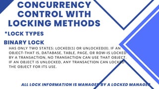 CONCURRENCY
CONTROL WITH
LOCKING METHODS
*LOCK TYPES
ALL LOCK INFORMATION IS MANAGED BY A LOCKED MANAGER
BINARY LOCK
HAS ONLY TWO STATES: LOCKED(1) OR UNLOCKED(0). IF AN
OBJECT-THAT IS, DATABASE, TABLE, PAGE, OR ROW-IS LOCKED
BY A TRANSACTION, NO TRANSACTION CAN USE THAT OBJECT.
IF AN OBJECT IS UNLOCKED, ANY TRANSACTION CAN LOCKED
THE OBJECT FOR ITS USE.
 