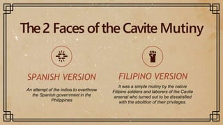 The2 Faces oftheCavite Mutiny
FILIPINO VERSION
It was a simple mutiny by the native
Filipino soldiers and laborers of the Cavite
arsenal who turned out to be dissatisfied
with the abolition of their privileges.
SPANISH VERSION
An attempt of the indios to overthrow
the Spanish government in the
Philippines
 