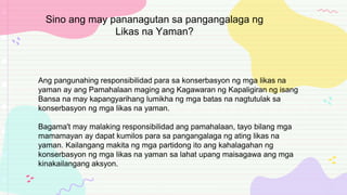 Ang pangunahing responsibilidad para sa konserbasyon ng mga likas na
yaman ay ang Pamahalaan maging ang Kagawaran ng Kapaligiran ng isang
Bansa na may kapangyarihang lumikha ng mga batas na nagtutulak sa
konserbasyon ng mga likas na yaman.
Bagama't may malaking responsibilidad ang pamahalaan, tayo bilang mga
mamamayan ay dapat kumilos para sa pangangalaga ng ating likas na
yaman. Kailangang makita ng mga partidong ito ang kahalagahan ng
konserbasyon ng mga likas na yaman sa lahat upang maisagawa ang mga
kinakailangang aksyon.
Sino ang may pananagutan sa pangangalaga ng
Likas na Yaman?
 