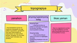 - ang topograpiya ng lupa ay
maaaring makaapekto sa mga
pattern ng panahon. gumagamit
ang mga meteorologist ng
impormasyon sa mga bundok,
lambak, karagatan, at mha lawa
upang ungan mahulaan ang
panahon.
topograpiya
panahon
anyong lupa/anyong
tubig
Anyong lupa
- maaring tumukoy sa
pisikal na katangian ng daigdig
na binubuo ng isang
heomorpolikal na bahagi.
Anyong tubig
- Ang anyong tubig ay
parte ng mundo na nagtataglay
ng tubig,
kadalasang tinatakpan nito and
Daigdig.
likas yaman
- likas na nagkakaroon sa loob
ng mga kapaligiran na hindi
gaanong ginagambala ng tao,
sa isang likas na anyo.
 