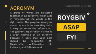 06
ACRONYM
V A R IOUS I N F O R M AT I O N A L S E C T I O N S
A group of words are clustered
together in an acronym, which aids
in remembering the words in the
right order. The purpose acronyms
are so popular is because they make
it easy to retain the information.
The goal-setting acronym SMART is
a great example of an acronym
because it says that your goal
should be S-Specific, M-
Measurable, A-Attainable, R-
Relevant, and T-Timebound.
ROYGBIV
ASAP
FYI
 