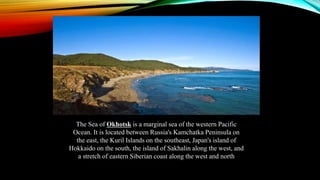 The Sea of Okhotsk is a marginal sea of the western Pacific
Ocean. It is located between Russia's Kamchatka Peninsula on
the east, the Kuril Islands on the southeast, Japan's island of
Hokkaido on the south, the island of Sakhalin along the west, and
a stretch of eastern Siberian coast along the west and north
 