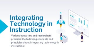 Integrating
Technology in
Instruction
Various educators and researchers
provided the following concepts and
principles about integrating technology in
instruction:
 