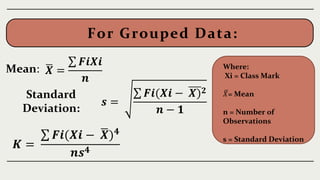 For Grouped Data:
Mean:
Standard
Deviation:
𝑿 =
𝑭𝒊𝑿𝒊
𝒏
𝒔 =
𝑭𝒊(𝑿𝒊 − 𝑿)𝟐
𝒏 − 𝟏
𝑲 =
𝑭𝒊(𝑿𝒊 − 𝑿)𝟒
𝒏𝒔𝟒
Where:
Xi = Class Mark
𝑋= Mean
n = Number of
Observations
s = Standard Deviation
 