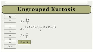 Ungrouped Kurtosis
Xi
6
7
9
11
13
15
16
Σ = 77
𝑋 =
𝑋
𝑛
𝑋 =
6 + 7 + 9 + 11 + 13 + 15 + 16
7
𝑋 =
77
7
𝑋 = 11
 