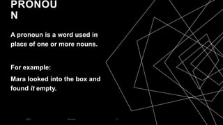PRONOU
N
A pronoun is a word used in
place of one or more nouns.
For example:
Mara looked into the box and
found it empty.
2023 Pronoun 2
 