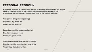 PERSONAL PRONOUN
A personal pronoun is a short word we use as a simple substitute for the proper
name of a person. Each of the English personal pronouns shows us the
grammatical person, gender, number, and case of the noun it replaces.
First person (the person speaking)
Singular: I, my, mine, me
Plural: we, our, ours, us
Second person (the person spoken to)
Singular: you, your, yours
Plural: you, your, yours
Third person (some other person or thing)
Singular: he, his, him, she, her, hers, it, its
Plural: they, their, theirs, them
2023 Pronoun 3
 