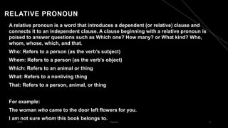 RELATIVE PRONOUN
A relative pronoun is a word that introduces a dependent (or relative) clause and
connects it to an independent clause. A clause beginning with a relative pronoun is
poised to answer questions such as Which one? How many? or What kind? Who,
whom, whose, which, and that.
Who: Refers to a person (as the verb’s subject)
Whom: Refers to a person (as the verb’s object)
Which: Refers to an animal or thing
What: Refers to a nonliving thing
That: Refers to a person, animal, or thing
For example:
The woman who came to the door left flowers for you.
I am not sure whom this book belongs to.
2023 Pronoun 4
 