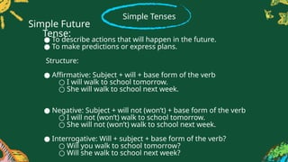 Simple Tenses
● To describe actions that will happen in the future.
● To make predictions or express plans.
Structure:
● Affirmative: Subject + will + base form of the verb
○ I will walk to school tomorrow.
○ She will walk to school next week.
● Negative: Subject + will not (won’t) + base form of the verb
○ I will not (won’t) walk to school tomorrow.
○ She will not (won’t) walk to school next week.
● Interrogative: Will + subject + base form of the verb?
○ Will you walk to school tomorrow?
○ Will she walk to school next week?
Simple Future
Tense:
 