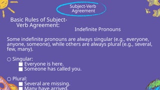 Basic Rules of Subject-
Verb Agreement:
Indefinite Pronouns
Some indefinite pronouns are always singular (e.g., everyone,
anyone, someone), while others are always plural (e.g., several,
few, many).
○ Singular:
■ Everyone is here.
■ Someone has called you.
○ Plural:
■ Several are missing.
Subject-Verb
Agreement
 