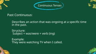 Continuous Tenses
Describes an action that was ongoing at a specific time
in the past.
Structure:
Subject + was/were + verb (ing)
Example:
They were watching TV when I called.
Past Continuous:
 