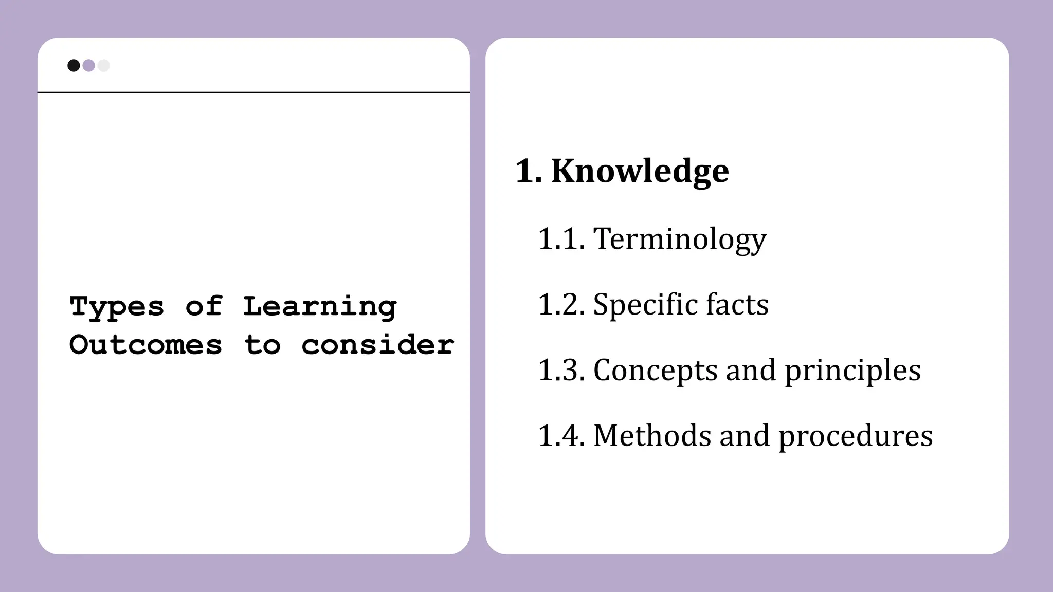 Types of Learning
Outcomes to consider
1. Knowledge
1.1. Terminology
1.2. Specific facts
1.3. Concepts and principles
1.4. Methods and procedures
 