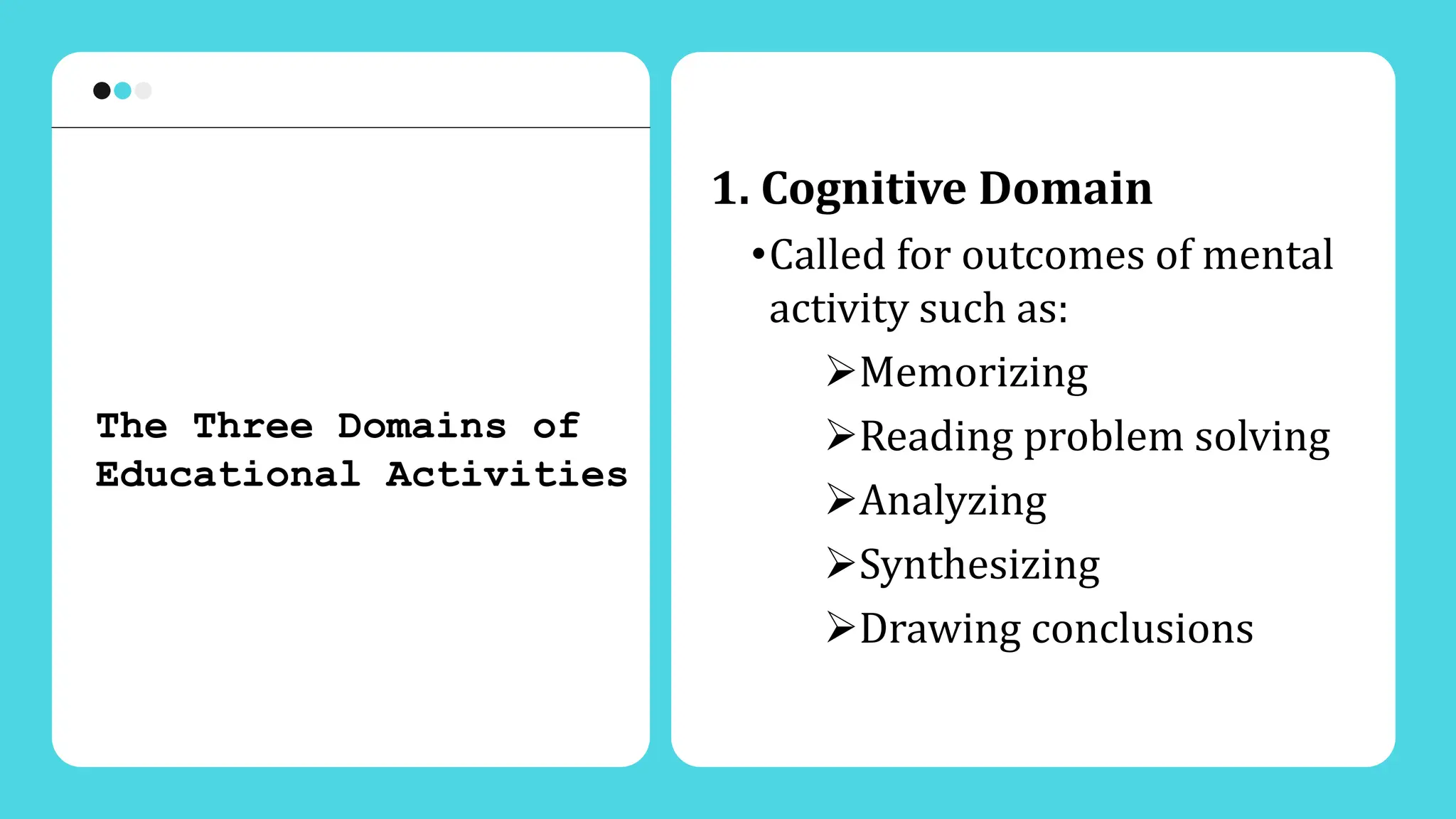 The Three Domains of
Educational Activities
1. Cognitive Domain
•Called for outcomes of mental
activity such as:
Memorizing
Reading problem solving
Analyzing
Synthesizing
Drawing conclusions
 