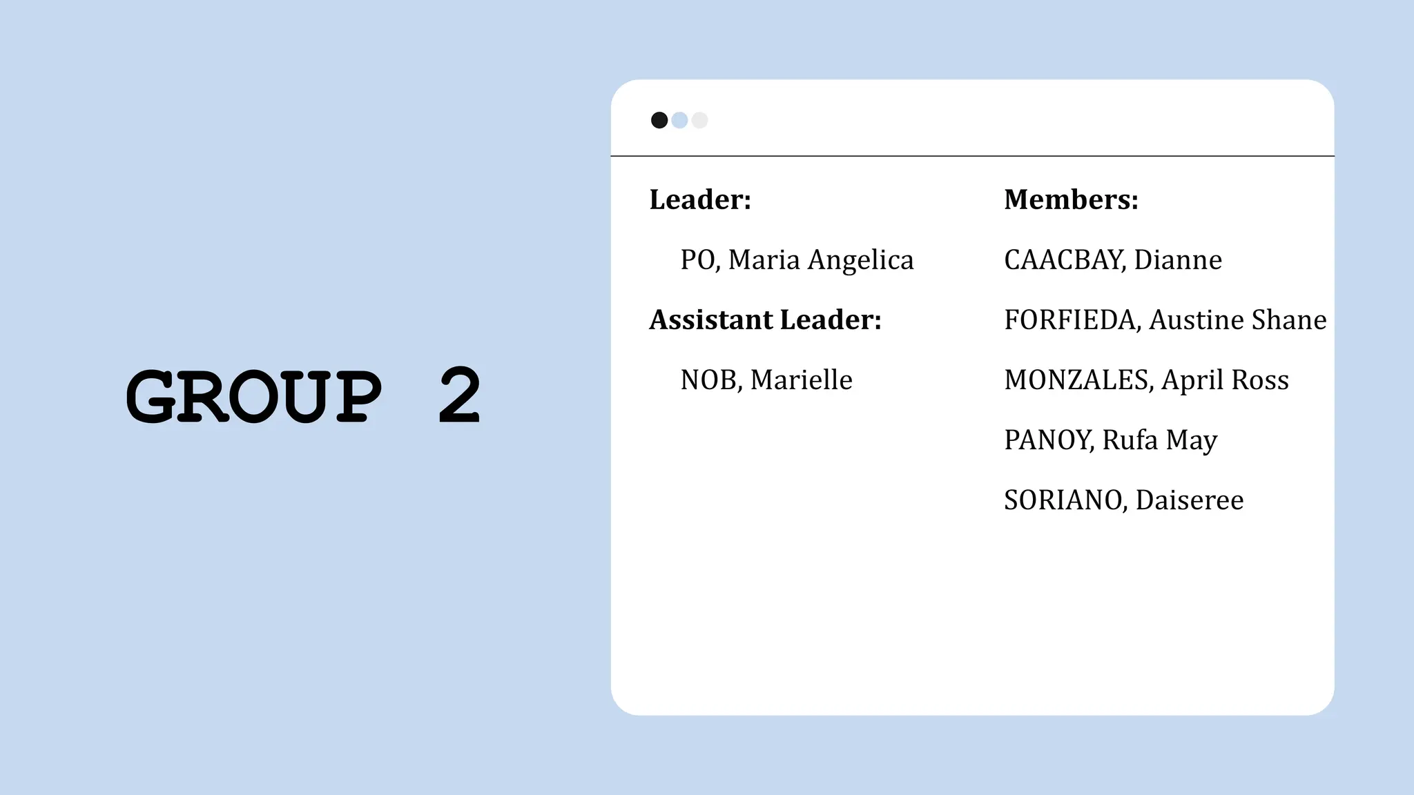 GROUP 2
Leader:
PO, Maria Angelica
Assistant Leader:
NOB, Marielle
Members:
CAACBAY, Dianne
FORFIEDA, Austine Shane
MONZALES, April Ross
PANOY, Rufa May
SORIANO, Daiseree
 