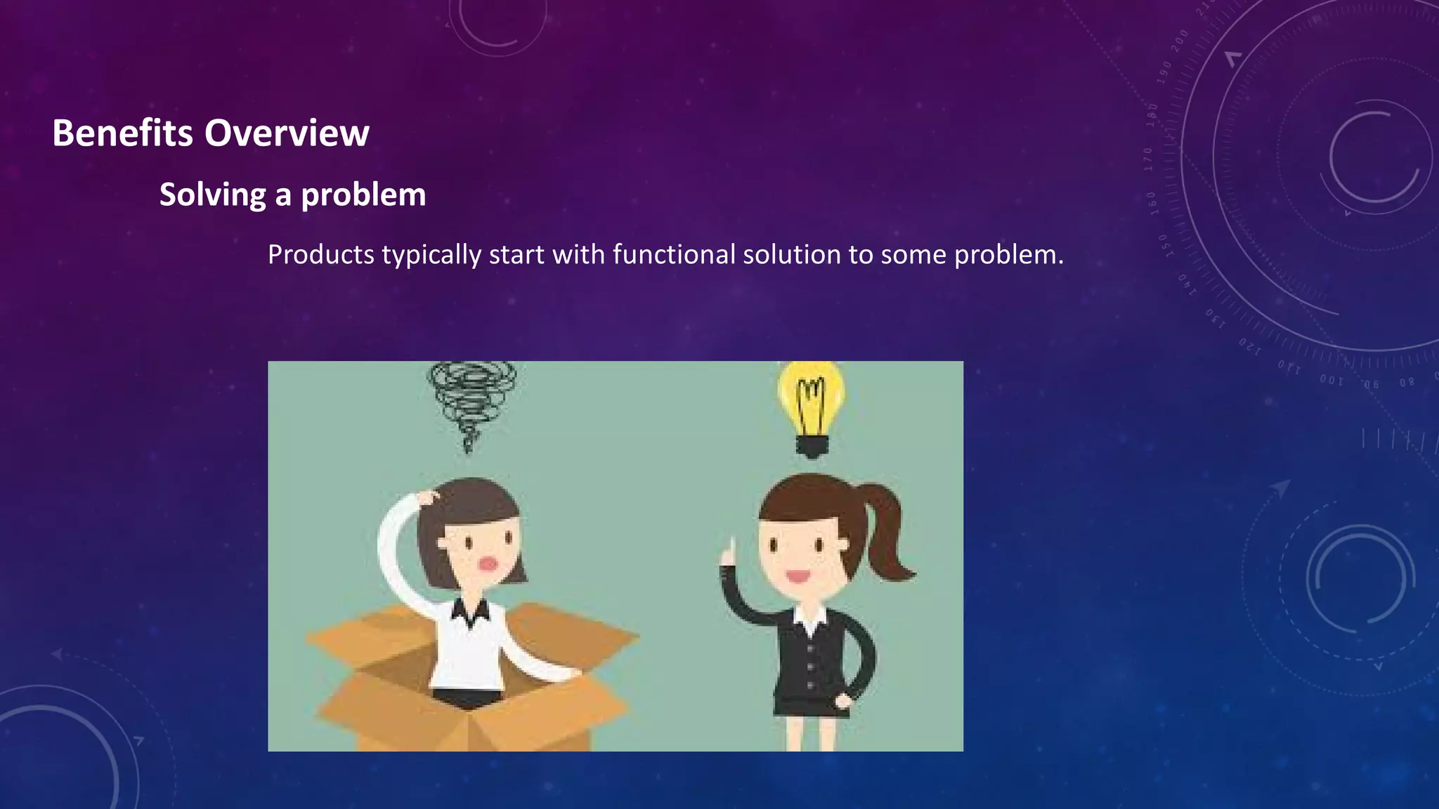 Benefits Overview
Solving a problem
Products typically start with functional solution to some problem.
 