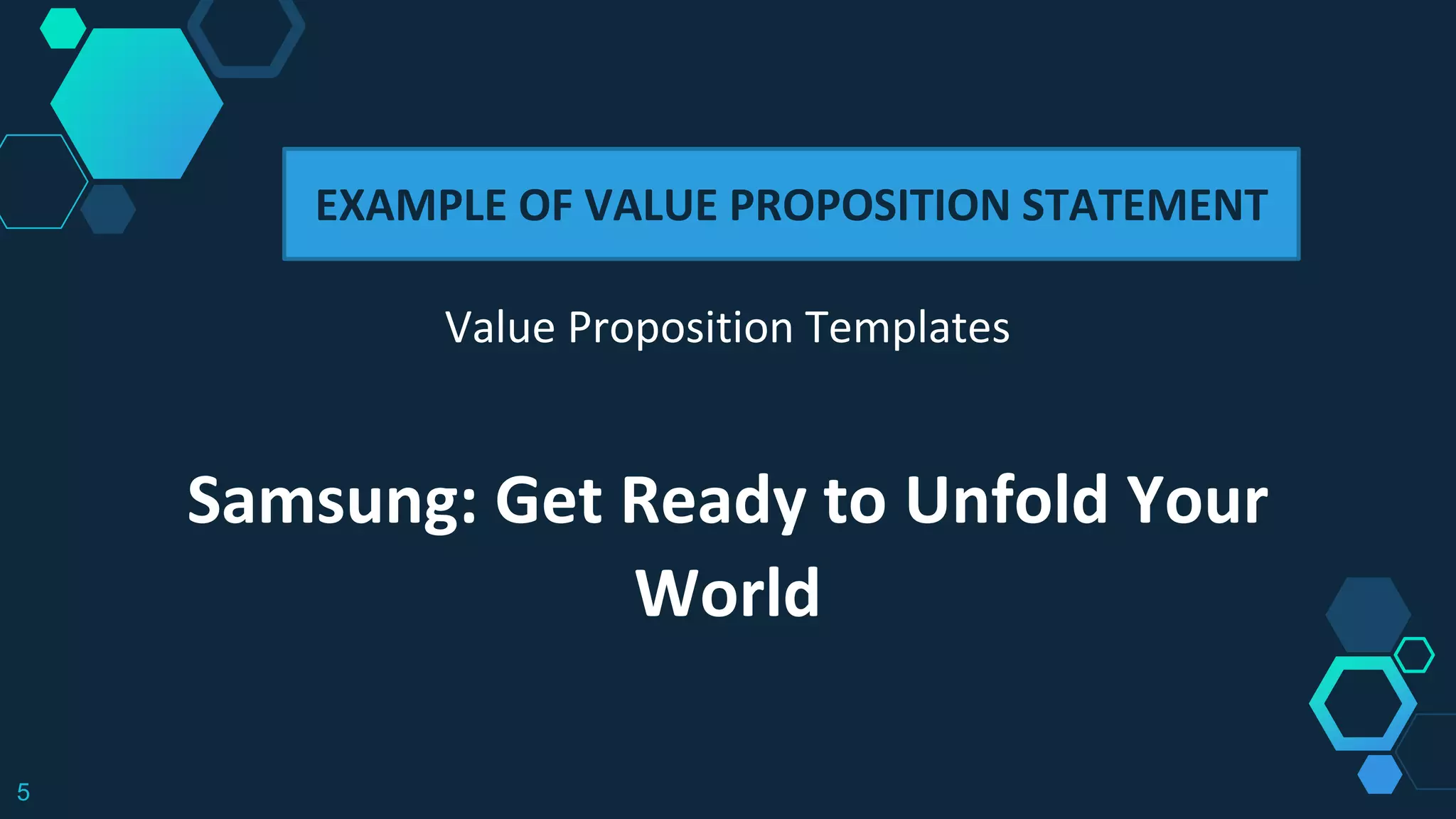 5
Value Proposition Templates
Samsung: Get Ready to Unfold Your
World
EXAMPLE OF VALUE PROPOSITION STATEMENT
 