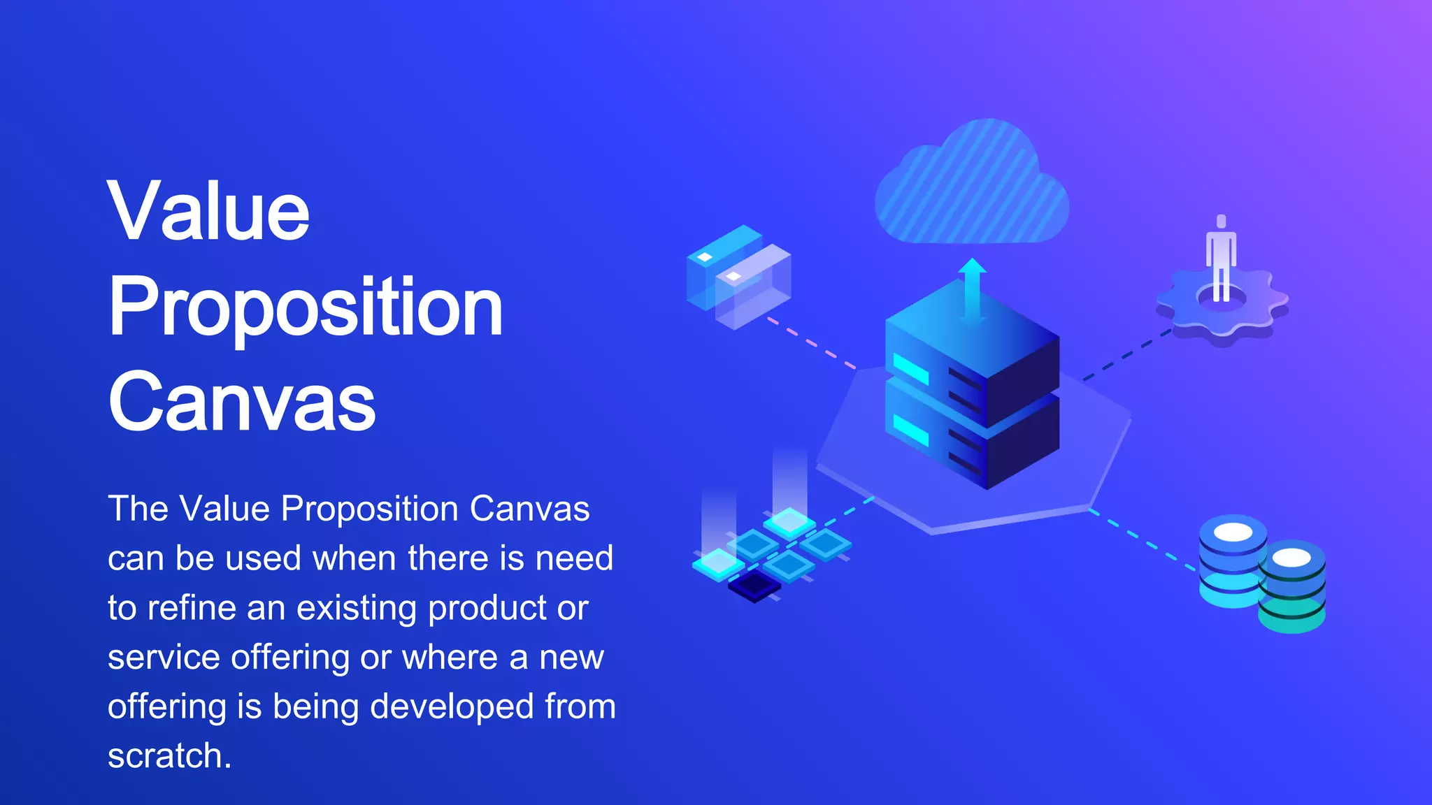 Value
Proposition
Canvas
The Value Proposition Canvas
can be used when there is need
to refine an existing product or
service offering or where a new
offering is being developed from
scratch.
 
