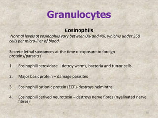 Granulocytes
o 18
Eosinophils
Normal levels of eosinophils vary between 0% and 4%, which is under 350
cells per micro-liter of blood.
Secrete lethal substances at the time of exposure to foreign
proteins/parasites
1. Eosinophill peroxidase – detroy worms, bacteria and tumor cells.
2. Major basic protein – damage parasites
3. Eosinophill cationic protein (ECP)- destroys helminths.
4. Eosinophill derived neurotoxin – destroys nerve fibres (myelinated nerve
fibres)
 