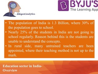Education sector in India-
Overview
Technology
• The population of India is 1.3 Billion, where 30% of
the population goes to school.
• Nearly 25% of the students in India are not going to
school regularly. Reason behind this is the students are
unable to understand the concepts.
• In rural side, many untrained teachers are been
appointed, where their teaching method is not up to the
mark.
 