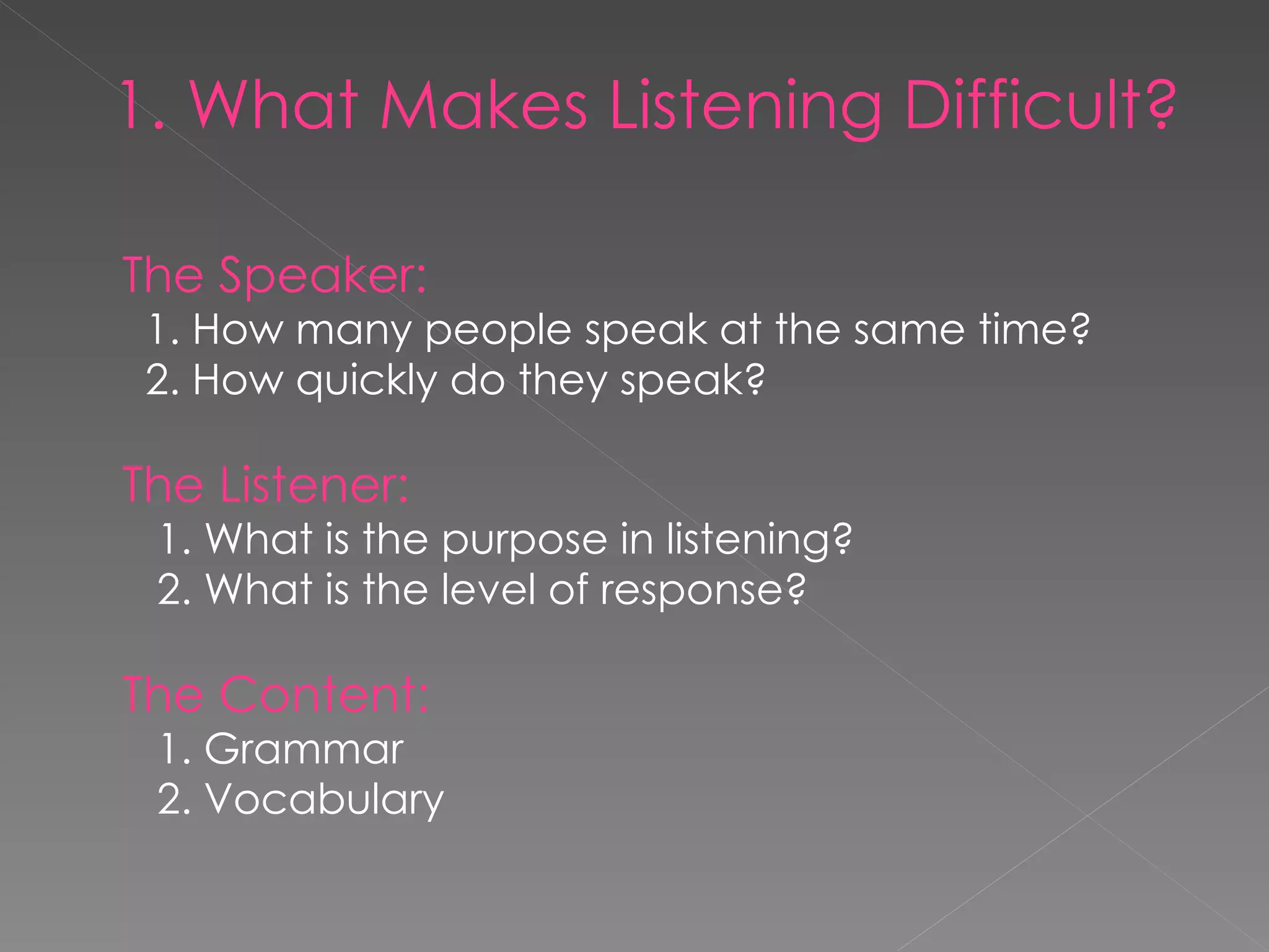 1. What Makes Listening Difficult? The Speaker:   1. How many people speak at the same time?   2. How quickly do they speak? The Listener:   1. What is the purpose in listening?   2. What is the level of response? The Content:   1. Grammar   2. Vocabulary 