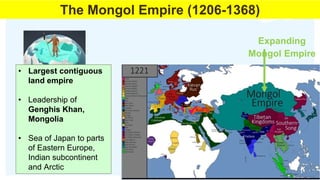 Expanding
Mongol Empire
• Largest contiguous
land empire
• Leadership of
Genghis Khan,
Mongolia
• Sea of Japan to parts
of...