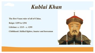 1259
To attack and conquer
southern China and the Song
Dynasty. Kublai agreed to a
peace treaty with the Song
where the So...