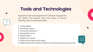 Tools and Technologies
Ergonomic tools and equipment for material management
can reduce the physical strain and stress of manual
handling. Here are some examples:
1. Lifting tables
2. Overhead cranes
3. Clamp end effectors
4. Manipulator arms
5. Mobile lifters
6. Ergonomic cutters
7. Carts and conveyor belt scales
8. Pallet positioners, Worker Platforms, and elevated work access lifts
 