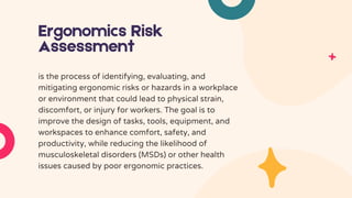 Ergonomics Risk
Assessment
is the process of identifying, evaluating, and
mitigating ergonomic risks or hazards in a workplace
or environment that could lead to physical strain,
discomfort, or injury for workers. The goal is to
improve the design of tasks, tools, equipment, and
workspaces to enhance comfort, safety, and
productivity, while reducing the likelihood of
musculoskeletal disorders (MSDs) or other health
issues caused by poor ergonomic practices.
 