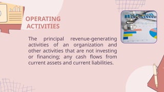 OPERATING
ACTIVITIES
The principal revenue-generating
activities of an organization and
other activities that are not investing
or financing; any cash flows from
current assets and current liabilities.
 