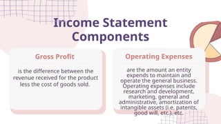 Income Statement
Components
are the amount an entity
expends to maintain and
operate the general business.
Operating expenses include
research and development,
marketing, general and
administrative, amortization of
intangible assets (i.e. patents,
good will, etc.), etc.
Operating Expenses
is the difference between the
revenue received for the product
less the cost of goods sold.
Gross Profit
 