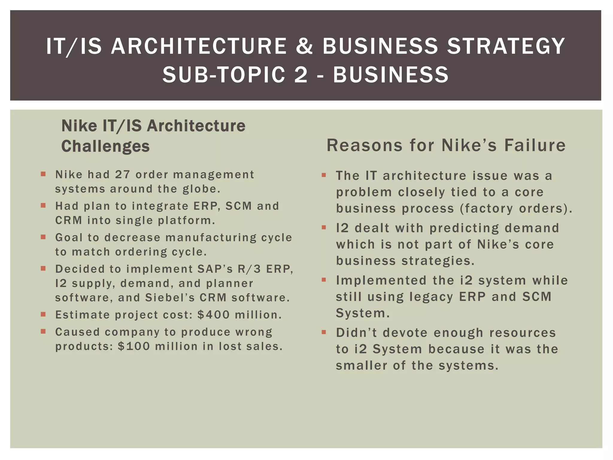 Nike IT/IS Architecture
Challenges
 Nike had 27 order management
systems around the globe.
 Had plan to integrate ERP, SCM and
CRM into single platform.
 Goal to decrease manufacturing cycle
to match ordering cycle.
 Decided to implement SAP’s R/3 ERP,
I2 supply, demand, and planner
software, and Siebel’s CRM software.
 Estimate project cost: $400 million.
 Caused company to produce wrong
products: $100 million in lost sales.
Reasons for Nike’s Failure
 The IT architecture issue was a
problem closely tied to a core
business process (factory orders).
 I2 dealt with predicting demand
which is not part of Nike’s core
business strategies.
 Implemented the i2 system while
still using legacy ERP and SCM
System.
 Didn’t devote enough resources
to i2 System because it was the
smaller of the systems.
IT/IS ARCHITECTURE & BUSINESS STRATEGY
SUB-TOPIC 2 - BUSINESS
 