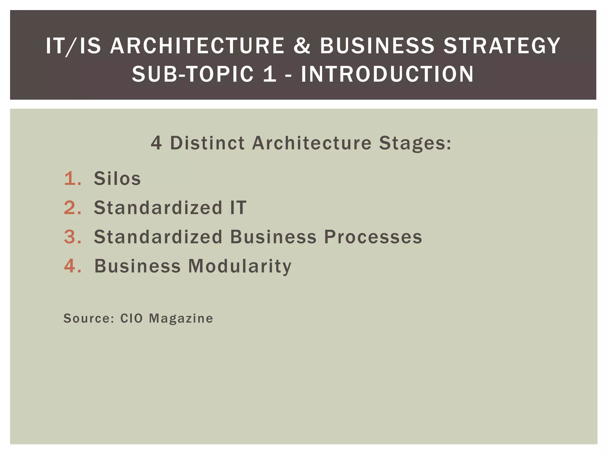 4 Distinct Architecture Stages:
1. Silos
2. Standardized IT
3. Standardized Business Processes
4. Business Modularity
Source: CIO Magazine
IT/IS ARCHITECTURE & BUSINESS STRATEGY
SUB-TOPIC 1 - INTRODUCTION
 