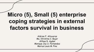 Micro (5), Small (5) enterprise
coping strategies in external
factors survival in business
Aldrian F. Altoveros
Ma. Christina C. Bejer
Althea D. Agdan
Monique Joy U. Fernandez
Marius Louis M. Pino
 