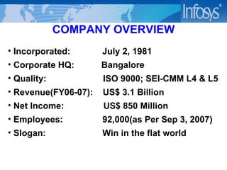 COMPANY OVERVIEW Incorporated:  July 2, 1981 Corporate HQ:  Bangalore Quality:  ISO 9000; SEI-CMM L4 & L5  Revenue(FY06-07):  US$ 3.1 Billion  Net Income:  US$ 850 Million Employees:  92,000(as Per Sep 3, 2007) Slogan:  Win in the flat world 