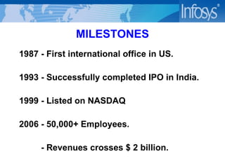 MILESTONES 1987  -  First international office in US.   1993  -  Successfully completed IPO in India . 1999  -  Listed on NASDAQ 2006 - 50,000+ Employees.  - Revenues crosses $ 2 billion. 