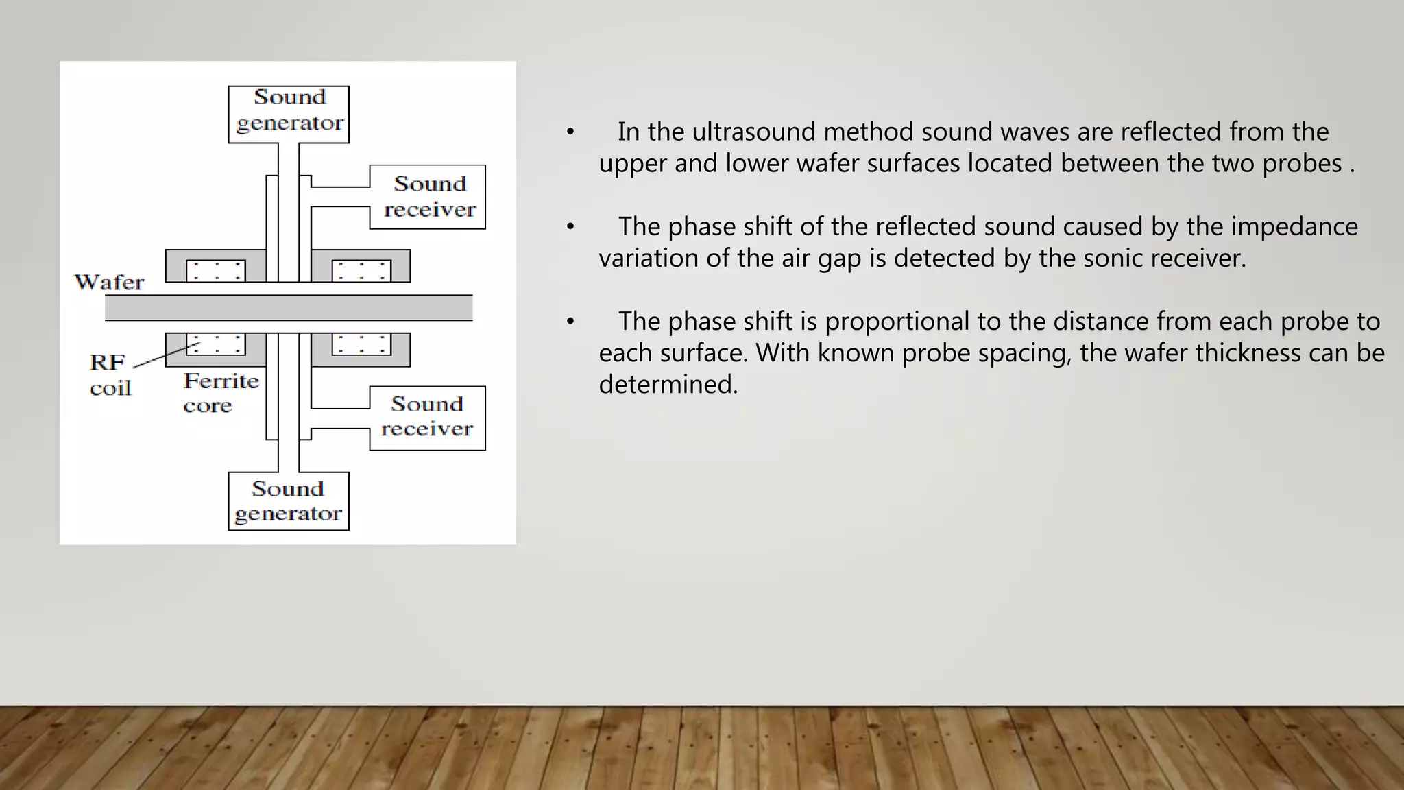 • In the ultrasound method sound waves are reflected from the
upper and lower wafer surfaces located between the two probes .
• The phase shift of the reflected sound caused by the impedance
variation of the air gap is detected by the sonic receiver.
• The phase shift is proportional to the distance from each probe to
each surface. With known probe spacing, the wafer thickness can be
determined.
 