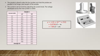  The sample is placed under the four probes such that the probes are
parallel to the longer side (length) of the sample.
Reference: RESISTIVITY OF A SEMICONDUCTOR BY THE FOUR-PROBE METHOD (Dr Jeethendra Kumar P K)
 The current is set to 0.1mA by adjusting set-current knob. The voltage
developed across the inner probes is noted
Current (mA)
Sample-1
mV V/I
0.1 5.4 54.0
0.2 10.5 52.5
0.3 16.0 53.3
0.4 21.1 52.7
0.5 26.5 53.0
0.6 31.7 52.8
0.7 37.0 52.8
0.8 42.3 53.3
0.9 48.0 53.0
1.0 53.0 53.0
1.1 58.3 53.0
1.2 63.5 52.9
1.3 69.0 53.0
1.4 74.4 53.1
1.5 79.8 53.2
Average V/I 53.0
𝜌 = 1.33 × 10−3
× 53
= 0.0708 𝛺 − 𝑚
= 7.08 𝛺 − 𝑐𝑚
 