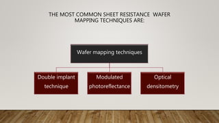 THE MOST COMMON SHEET RESISTANCE WAFER
MAPPING TECHNIQUES ARE:
Wafer mapping techniques
Double implant
technique
Modulated
photoreflectance
Optical
densitometry
 