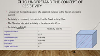  TO UNDERSTAND THE CONCEPT OF
RESISTIVITY
• Measure of the resisting power of a specified material to the flow of an electric
current.
• Resistivity is commonly represented by the Greek letter ρ (rho).
• The SI unit of electrical resistivity is the ohm-meter (Ω⋅m)
• Resistivity ρ=R(A/L)
Material Resistivity, ρ (Ω·m)
Superconductors 0
Metals 10−8
Semiconductors Variable
Electrolytes Variable
Insulators 1016
Super insulators ∞
 